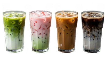 A vibrant collection of iced drinks isolated on transparent background, featuring matcha latte, pink milk, iced coffee, and dark coffee, a perfect selection for any cafe menu