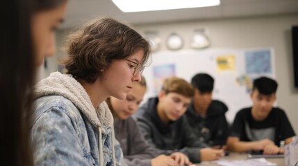 Group of young students sitting at a table in a classroom. they are all focused on their work, with some of them holding pens and writing on papers.