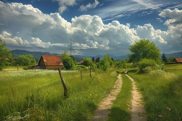 Obraz premium Picturesque landscape featuring a dirt road winding through lush green fields, leading to a charming farm, under a sky filled with cumulus clouds