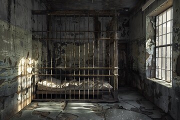 Sunlight casts shadows through a barred window onto a cage bed inside a decaying prison cell, evoking themes of captivity, isolation, and despair