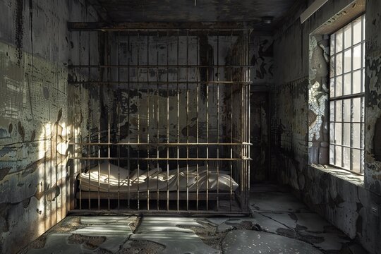 Sunlight casts shadows through a barred window onto a cage bed inside a decaying prison cell, evoking themes of captivity, isolation, and despair