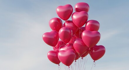Heart-shaped pink balloons floating against a blue sky  