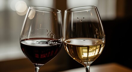 Red and white wine glasses clinking together indoors  