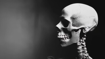 A detailed skeleton model is displayed in profile, showcasing the anatomical features of the human skeleton against a black background for educational purposes.