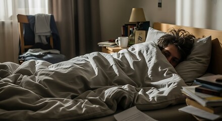 A man sleeping in bed with sunlight streaming through a window