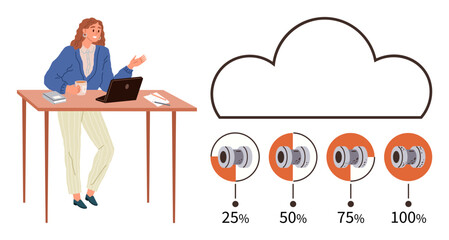 Woman at desk with laptop, coffee, and documents explaining data cloud storage progress indicators. Ideal for technology, data monitoring, analytics, storage optimization, teamwork, education simple