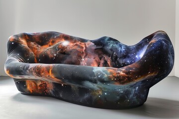 Fototapeta premium Comfortable modern sofa with a striking galaxy print upholstery stands in a minimalist interior design setting, creating a unique and stylish space