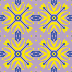  A vibrant geometric-floral pattern blending yellow and blue shapes on a lavender base, creating a balanced, energetic motif perfect for contemporary decorative and print applications.