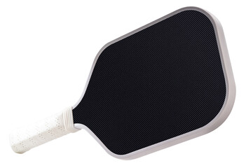 Black pickleball paddle isolated on white with clipping path, modern sports equipment for pickleball training and gameplay PNG file.