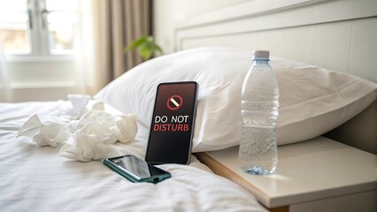Smartphone on Bed Displaying Do Not Disturb Mode Near Water Bottle