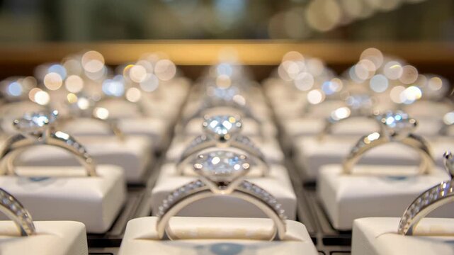 Sparkling diamond engagement ring solitaire jewelry display on white pad with bokeh lights elegant pave band low cost gift budget holiday romantic showcase white gold wedding ring store