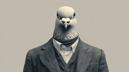 A man wearing a business suit with the head of a pigeon, creating a surreal and whimsical character
