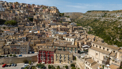 Fototapeta premium Aerial view of the historic center of the city of Ragusa, Sicily, Italy. It is called Ragusa Ibla and consists of small houses and apartments on the hill.