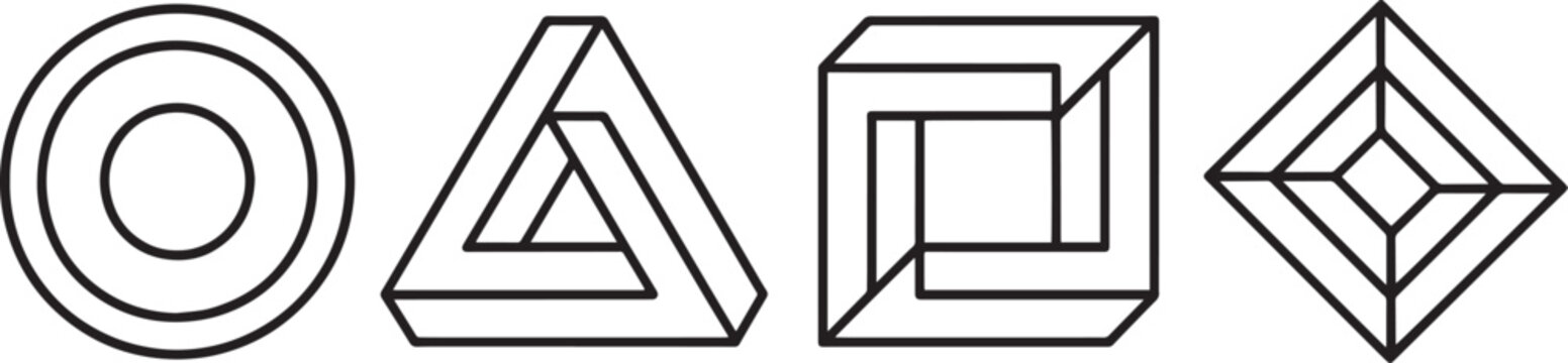 Optical illusion shapes and impossible figures isolated on