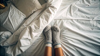 Person in cozy socks resting in bed during the morning