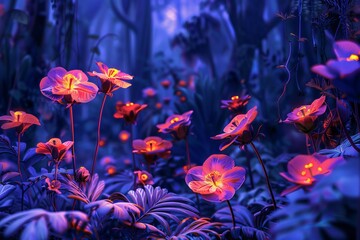 Fototapeta premium Bioluminescent flora illuminates a mystical forest at night, creating a magical and otherworldly atmosphere
