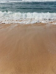A serene tropical beach with soft sand, rocky formations, gentle blue waves, and a leaning tree by the shore. A natural coastal landscape perfect for themes of travel and nature.