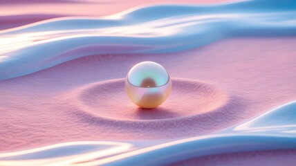 Iridescent sphere on pink and blue wavy surface