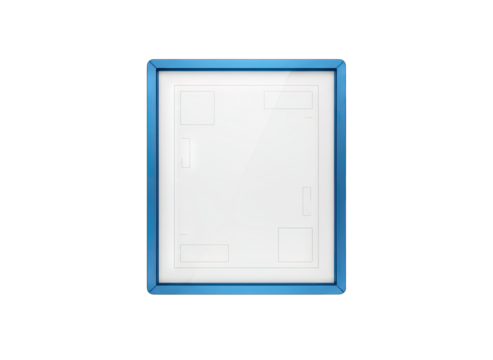 A blue framed blank notice board with white paper inserts and transparent background for easy compositing