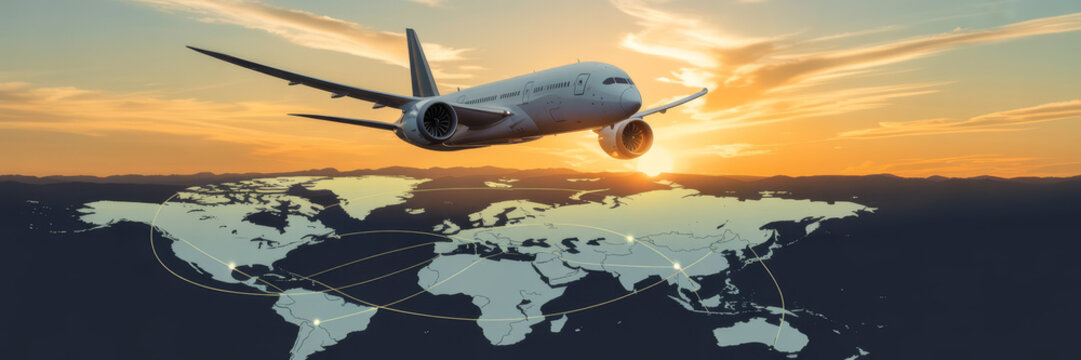 Airplane flying over a world map with flight paths during a colorful sunset.