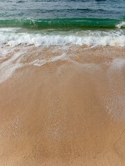 A serene tropical beach with soft sand, rocky formations, gentle blue waves, and a leaning tree by the shore. A natural coastal landscape perfect for themes of travel and nature.