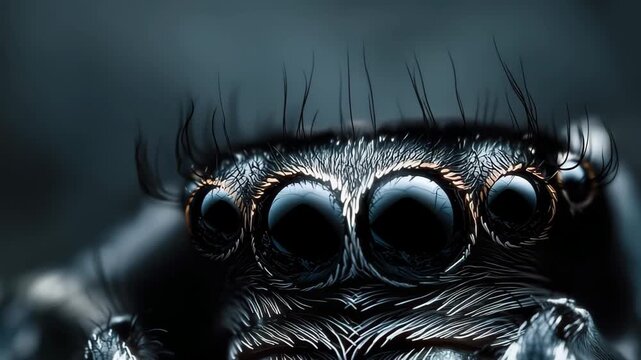 A spider is depicted in a close-up view, showcasing its textured body and multiple eyes under soft, low light. The dark background enhances its features vividly.