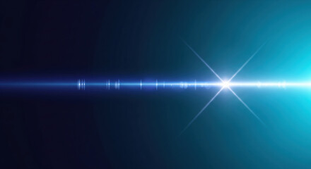Obraz premium Abstract blue to cyan horizontal light streak with bright lens flare and glowing bokeh