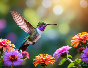 Fototapeta premium Hummingbird feeding among colorful zinnias