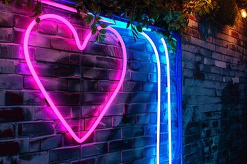 Pink neon heart shaped light and blue neon lines creating a vibrant and romantic atmosphere on a brick wall