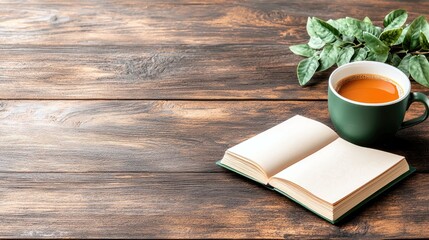 An open book and a green mug of coffee sit on a dark wooden table, with green leaves in the background.