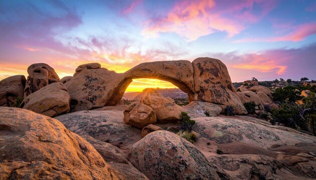 A natural rock arch formation is illuminated by the warm glow of a sunset, casting long shadows across the rugged desert terrain. - Powered by Adobe