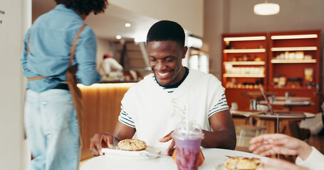 Fast food, smile and man in cafe, snack and hungry with order, hospitality and smoothie. People, friends and customer in restaurant, excited and happiness with healthy meal, service and burger