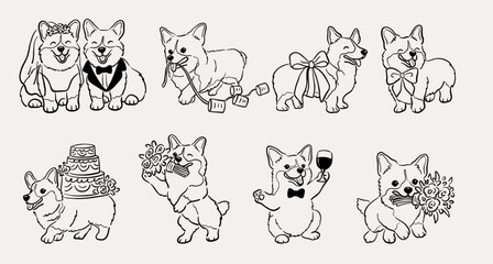 Hand Drawn Corgi Wedding, Whimsical Dog Bride & Groom Illustration