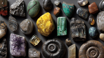 fine quality rare and collectible realistic gems minerals and variety of fossils including trilobites arranged in random overlapping composition with no gaps creating a dense collection
