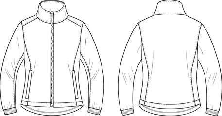 Technical flat sketch vector of modern zip-up jacket featuring high collar, seam detailing, pockets, long sleeves, and contemporary outerwear fashion design