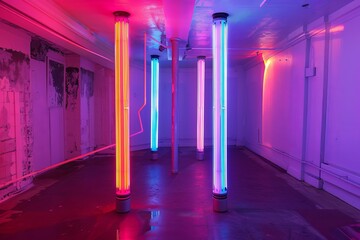 Naklejka premium Vibrant neon light columns create a futuristic atmosphere in an empty room