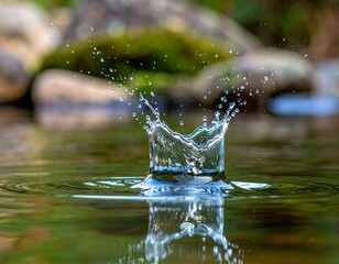 A clear water droplet creates a crown-like splash upon impacting a still pond. Soft focus surrounds the water's reflection
