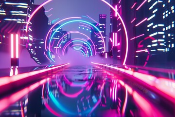 Fototapeta premium Futuristic neon city street reflecting in wet asphalt at night, featuring vibrant purple and blue lights, creating a mesmerizing cyberpunk atmosphere