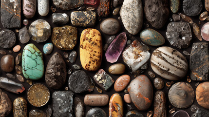 fine quality rare and collectible realistic gems minerals and variety of fossils including trilobites arranged in random overlapping composition with no gaps creating a dense collection