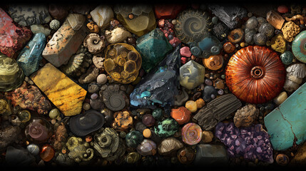 fine quality rare and collectible realistic gems minerals and variety of fossils including trilobites arranged in random overlapping composition with no gaps creating a dense collection