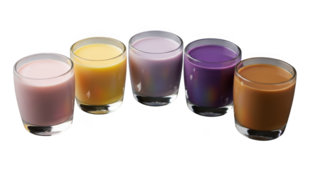Assortment of colorful milk beverages in glasses isolated on transparent background, showcasing a variety of flavors and hues, perfect for a refreshing and visually appealing drink selection