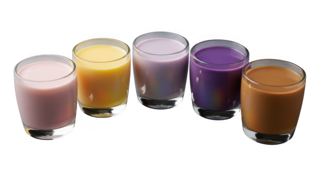 Assortment of colorful milk beverages in glasses isolated on transparent background, showcasing a variety of flavors and hues, perfect for a refreshing and visually appealing drink selection