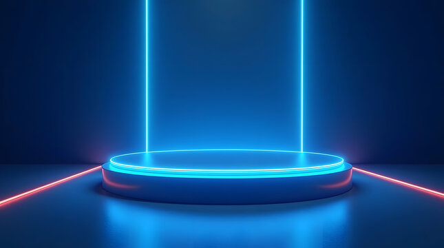 A striking neon-lit stage with blue and red lighting, creating a captivating atmosphere for performances.