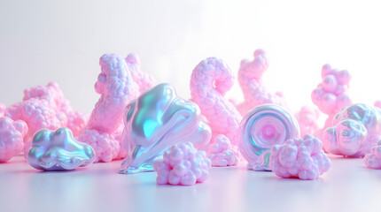 Abstract forms in pastel pink and blue hues create a whimsical, dreamlike atmosphere in this artistic arrangement.
