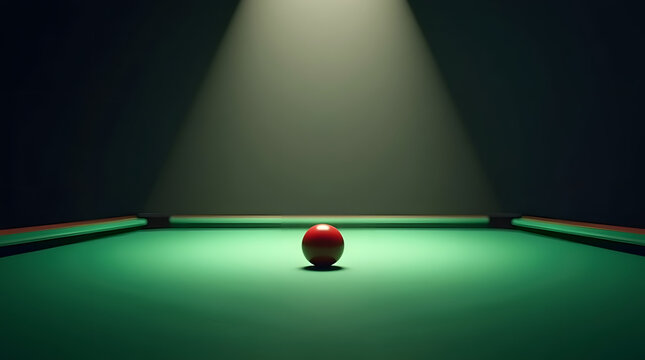 A solitary red billiard ball on a green pool table illuminated by a spotlight, creating a dramatic atmosphere.