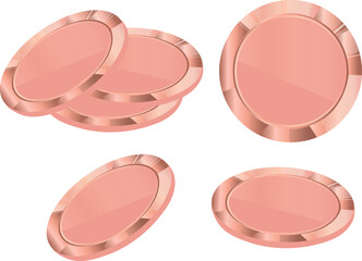 set of icons of stacks of coins of different sizes with copper, pink, metallic texture, for financial applications, business graphics or game tokens