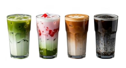 Selection of iced coffee and tea drinks in tall glasses isolated on transparent background, featuring matcha latte, strawberry milk, caramel macchiato, and black sesame latte