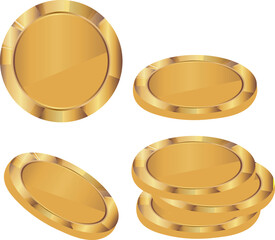 set of templates of stacks of coins of different sizes with a metallic texture, namely with a gold gradient, for financial applications, business graphics or game tokens