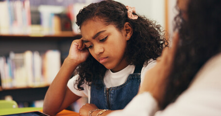 Tutor, confused or child in library with homework, teaching or frustration in learning struggle....