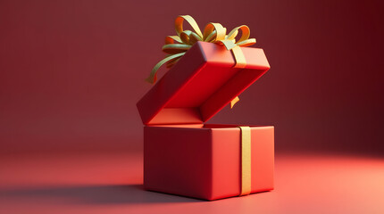 A vibrant red gift box with a shiny yellow ribbon resting against a warm backdrop.
